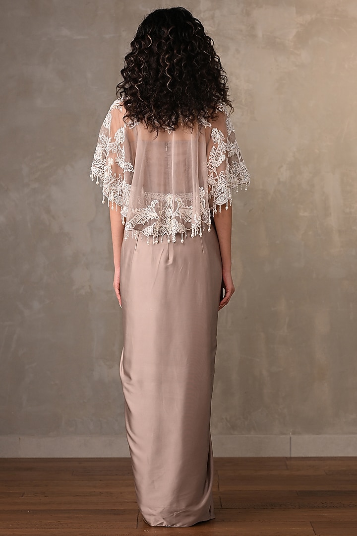 Beige Satin Engagement Gown With Cape by Onaya at Pernia's Pop Up Shop