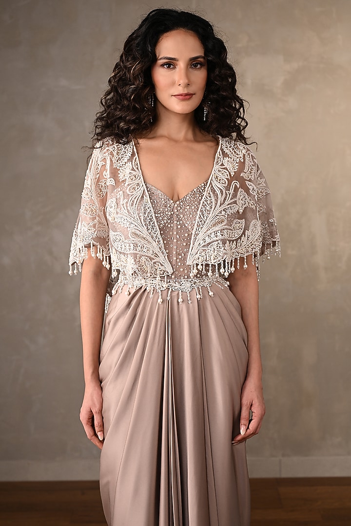 Beige Satin Engagement Gown With Cape by Onaya at Pernia's Pop Up Shop