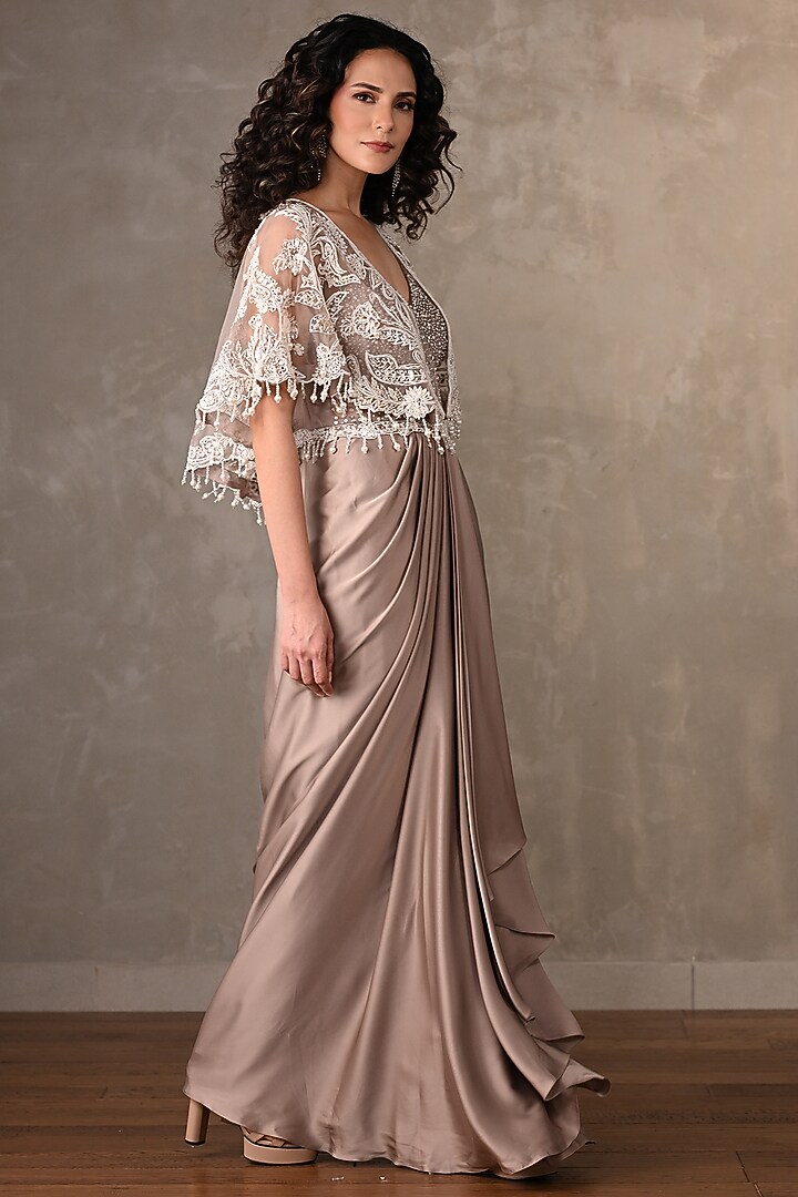 Beige Satin Engagement Gown With Cape by Onaya at Pernia's Pop Up Shop