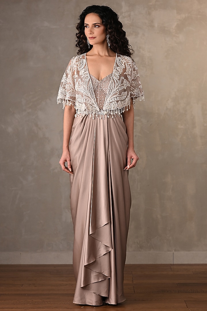 Beige Satin Engagement Gown With Cape by Onaya at Pernia's Pop Up Shop