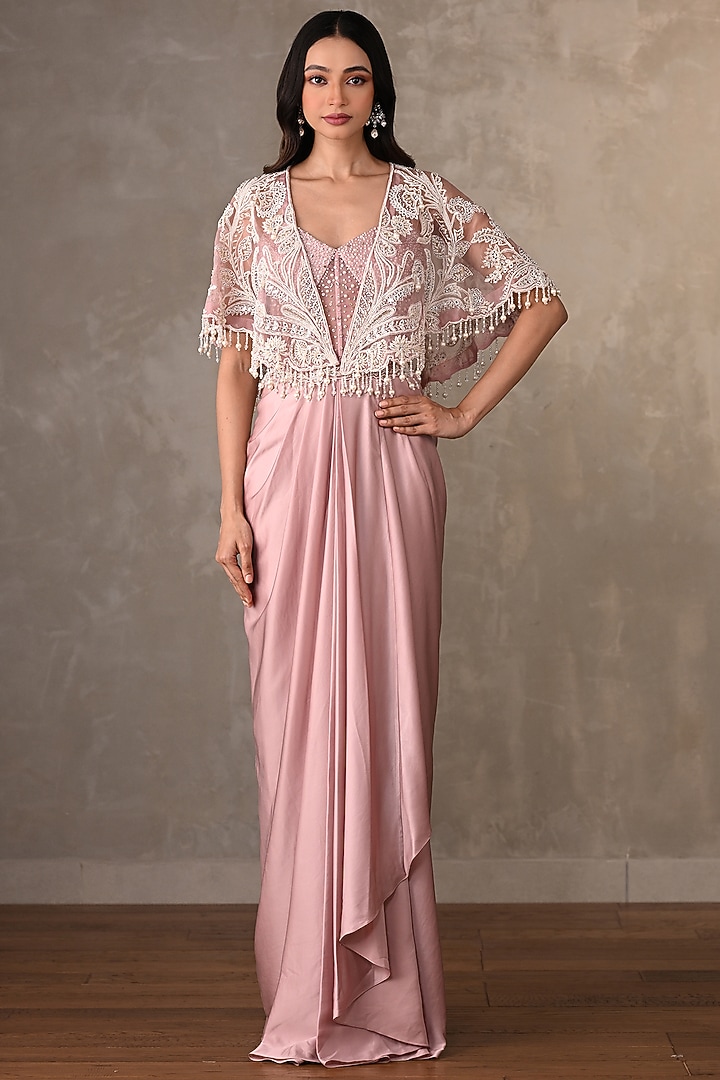 Blush Pink Satin Engagement Gown With Cape by Onaya at Pernia's Pop Up Shop