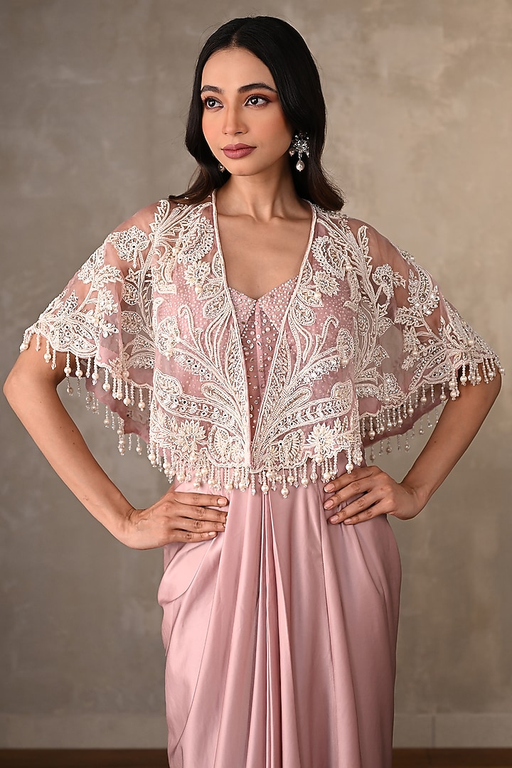 Blush Pink Satin Engagement Gown With Cape by Onaya at Pernia's Pop Up Shop