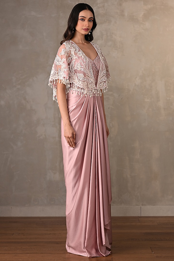Blush Pink Satin Engagement Gown With Cape by Onaya at Pernia's Pop Up Shop