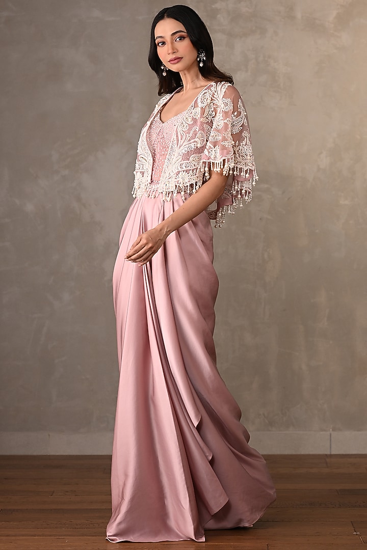 Blush Pink Satin Engagement Gown With Cape by Onaya at Pernia's Pop Up Shop