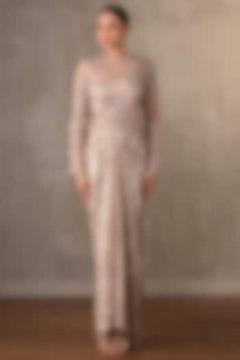 Soft Metallic Champagne Lycra Crystal Embellished Party Wear Gown by Onaya at Pernia's Pop Up Shop