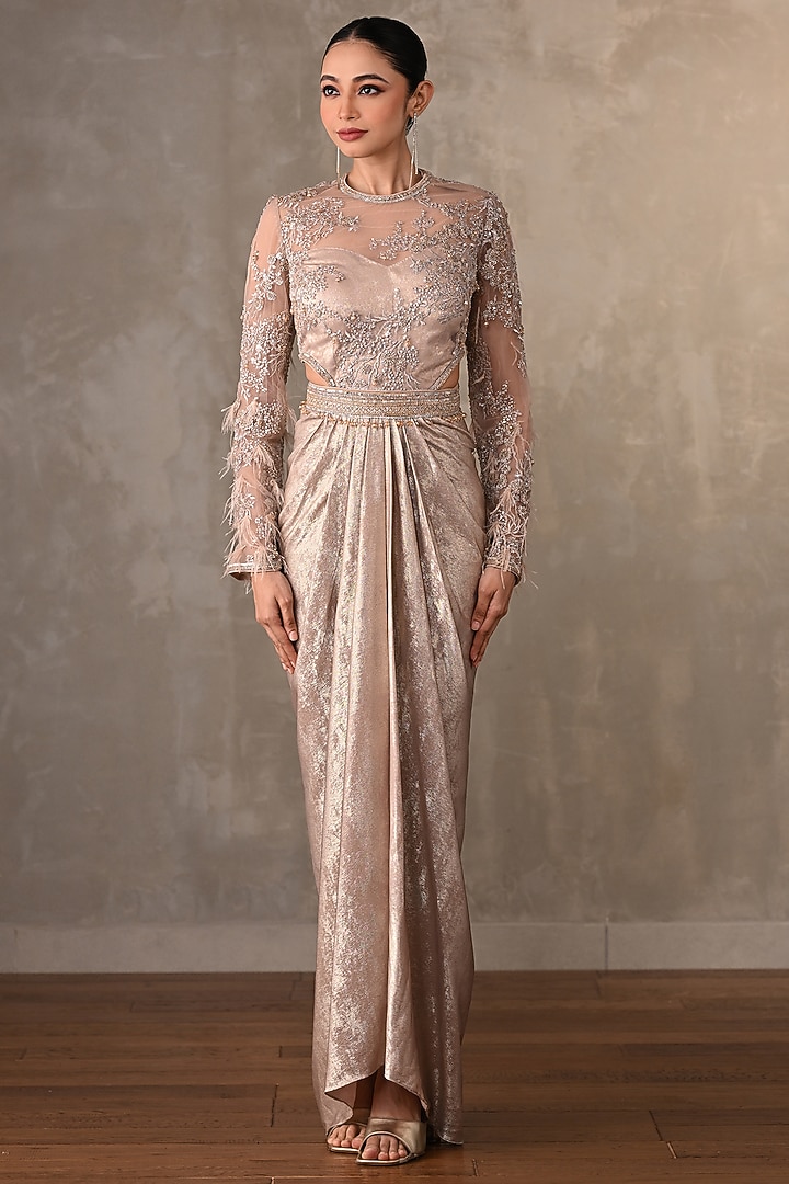 Soft Metallic Champagne Lycra Crystal Embellished Party Wear Gown by Onaya at Pernia's Pop Up Shop