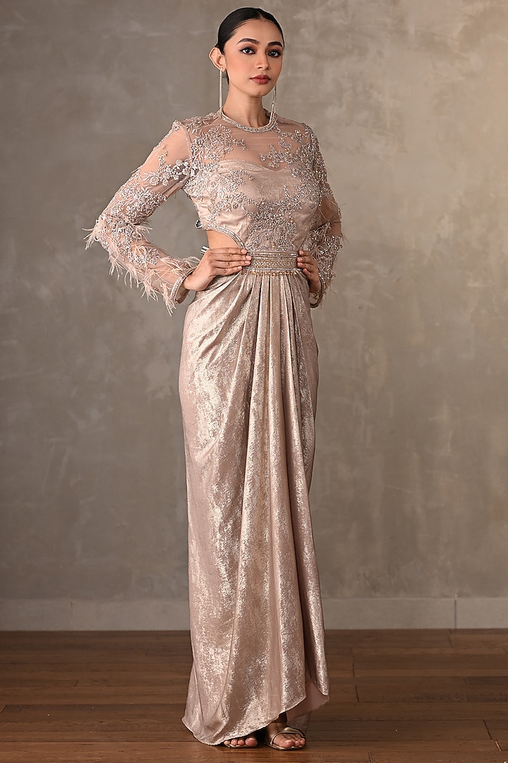 Soft Metallic Champagne Lycra Crystal Embellished Party Wear Gown by Onaya at Pernia's Pop Up Shop