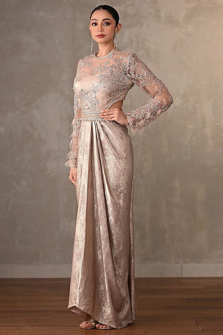 Soft Metallic Champagne Lycra Crystal Embellished Party Wear Gown by Onaya at Pernia's Pop Up Shop