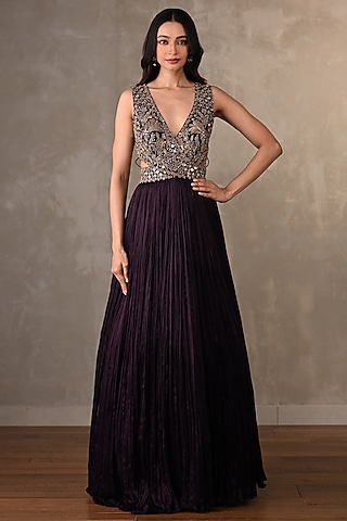 Purple Satin Chiffon Hand Embroidered Gown by Onaya