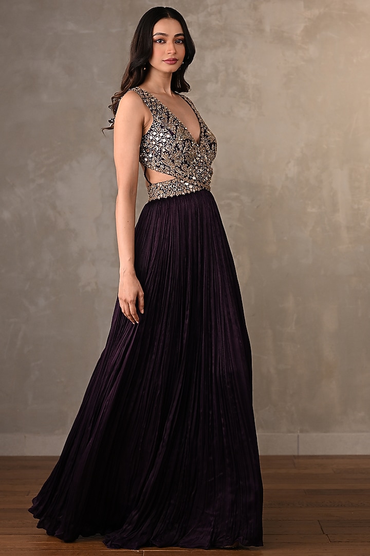Purple Satin Chiffon Hand Embroidered Engagement Gown by Onaya at Pernia's Pop Up Shop
