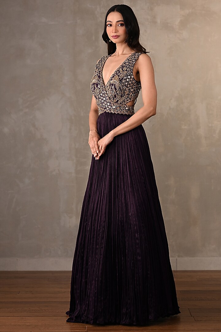 Purple Satin Chiffon Hand Embroidered Engagement Gown by Onaya at Pernia's Pop Up Shop