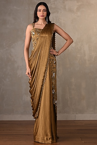 Mehndi Green Satin hand Embellished Draped Gown Saree by Onaya