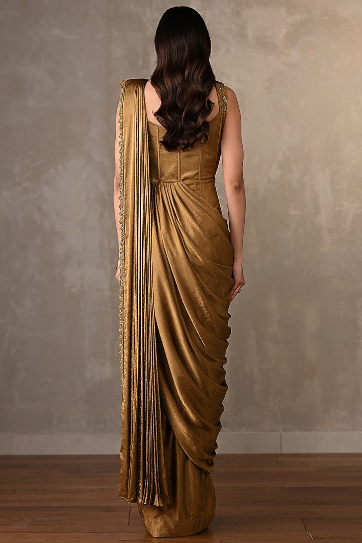Mehndi Green Satin hand Embellished Draped Wedding Gown Saree by Onaya at Pernia's Pop Up Shop