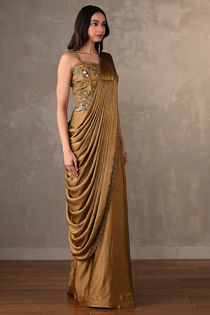 Mehndi Green Satin hand Embellished Draped Wedding Gown Saree by Onaya at Pernia's Pop Up Shop