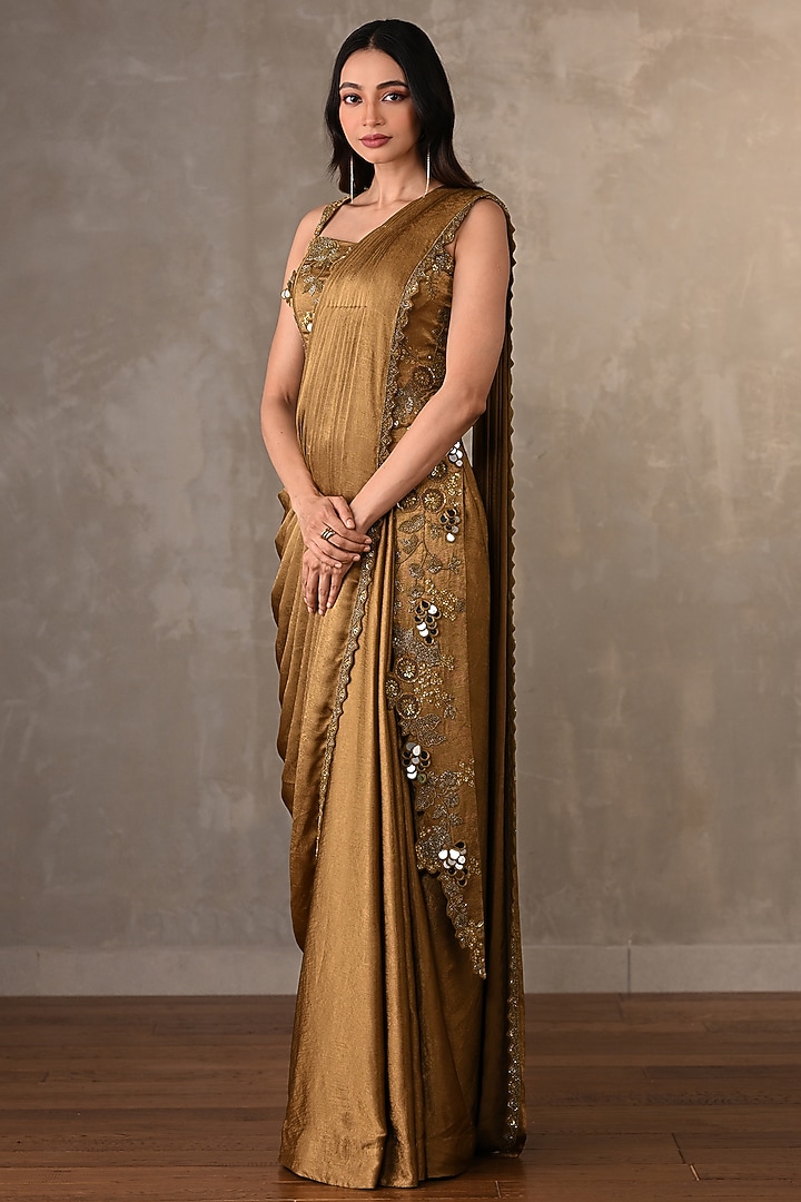 Mehndi Green Satin hand Embellished Draped Wedding Gown Saree by Onaya at Pernia's Pop Up Shop