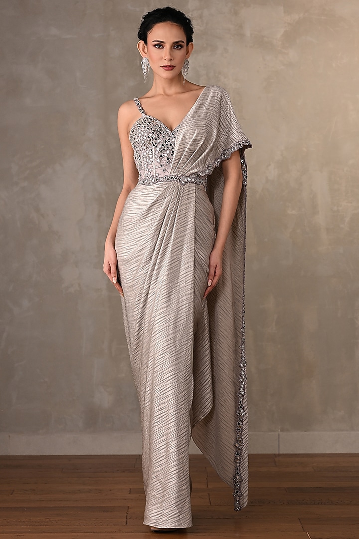 Grey Satin Sequins Work Draped Party Wear Gown Saree by Onaya at Pernia's Pop Up Shop