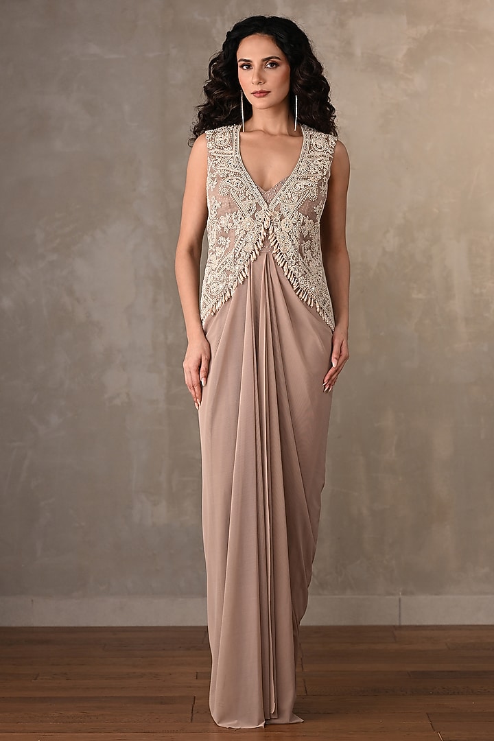 Beige Lycra Net Party Wear Gown With Jacket by Onaya at Pernia's Pop Up Shop