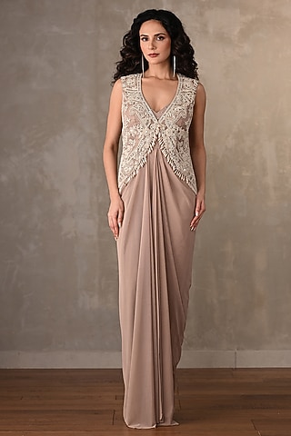 Beige Lycra Net Gown With Jacket by Onaya