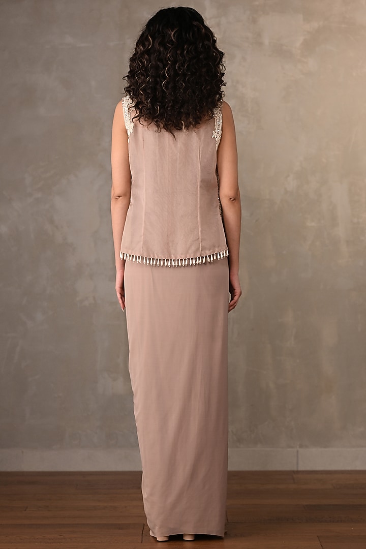 Beige Lycra Net Party Wear Gown With Jacket by Onaya at Pernia's Pop Up Shop