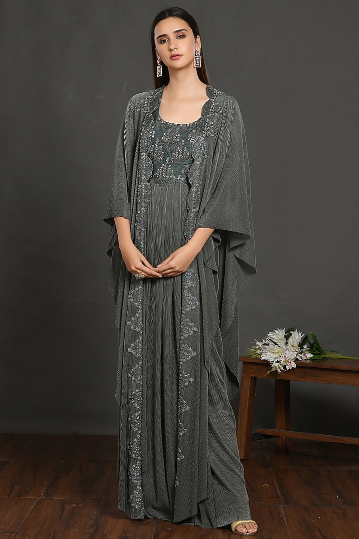 Dusty Olive Lycra Gown With Jacket by Onaya