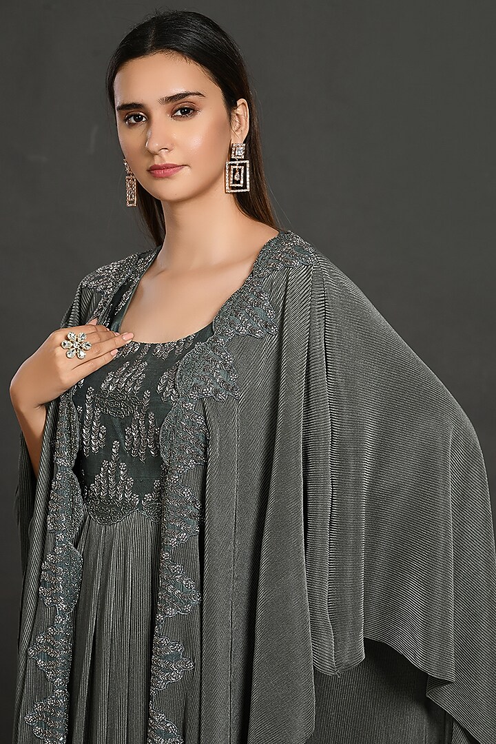 Dusty Olive Lycra Gown With Jacket by Onaya at Pernia's Pop Up Shop
