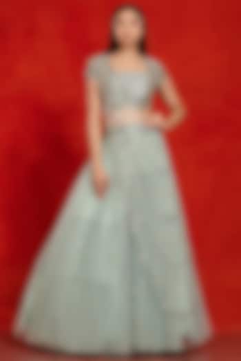 Ancient Green Embroidered Flared Wedding Lehenga Set by Onaya at Pernia's Pop Up Shop