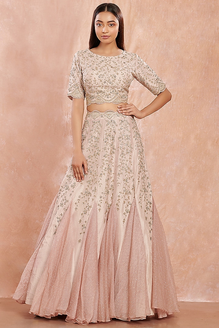 Light Pink Embroidered Flared Wedding Lehenga Set by Onaya at Pernia's Pop Up Shop