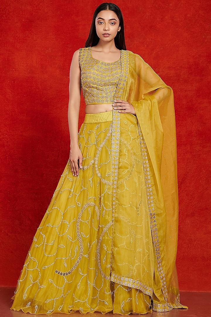 Fluorescent Lime Embroidered Wedding Lehenga Set by Onaya at Pernia's Pop Up Shop