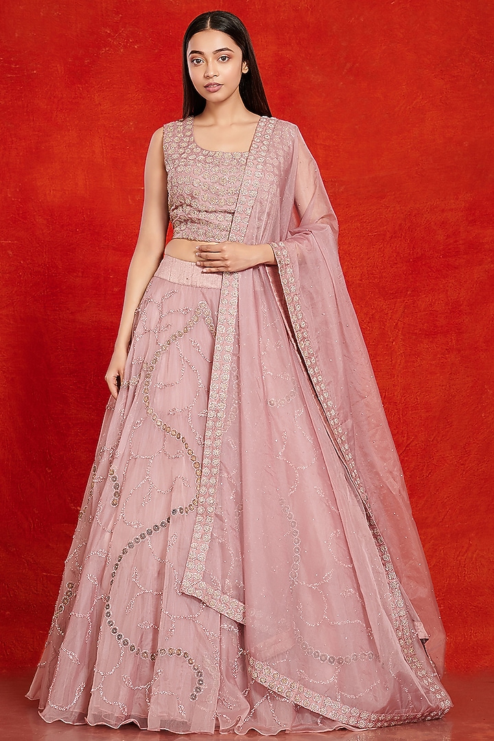 Old Rose Embroidered Lehenga Set Design by Onaya at Pernia's Pop Up