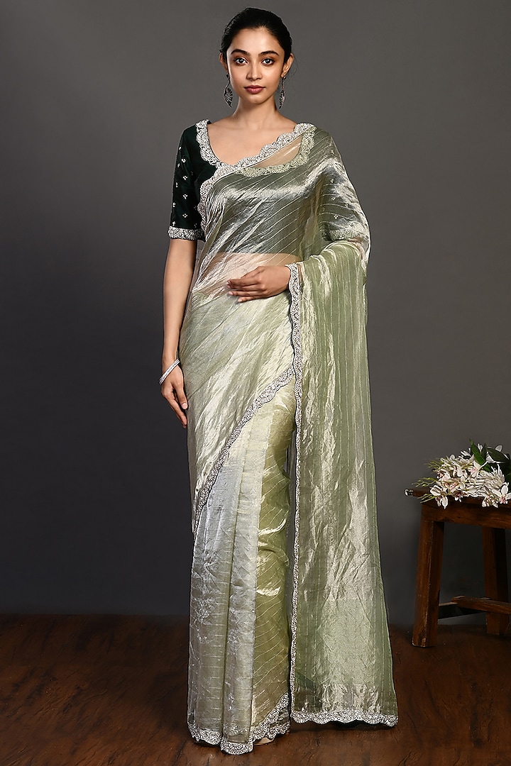 Pista Green Embroidered Handloom Saree Set by Onaya