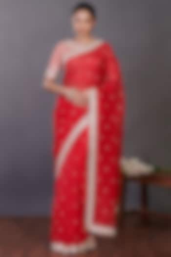 Fiery Red Embroidered Saree Set by Onaya