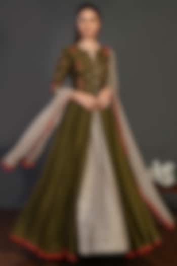 Mehendi Green Embroidered Party Wear Anarkali Set by Onaya at Pernia's Pop Up Shop