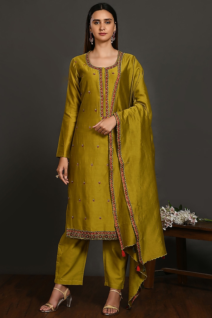 Lime Green Embroidered A-Line Kurta Set by Onaya at Pernia's Pop Up Shop