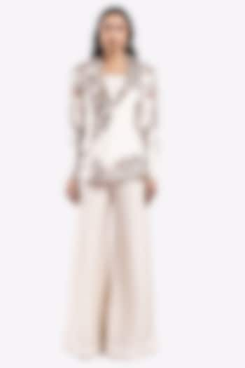 Off-White Silk Sequin & Cutdana Embellished Blazer Set by Onaya at Pernia's Pop Up Shop