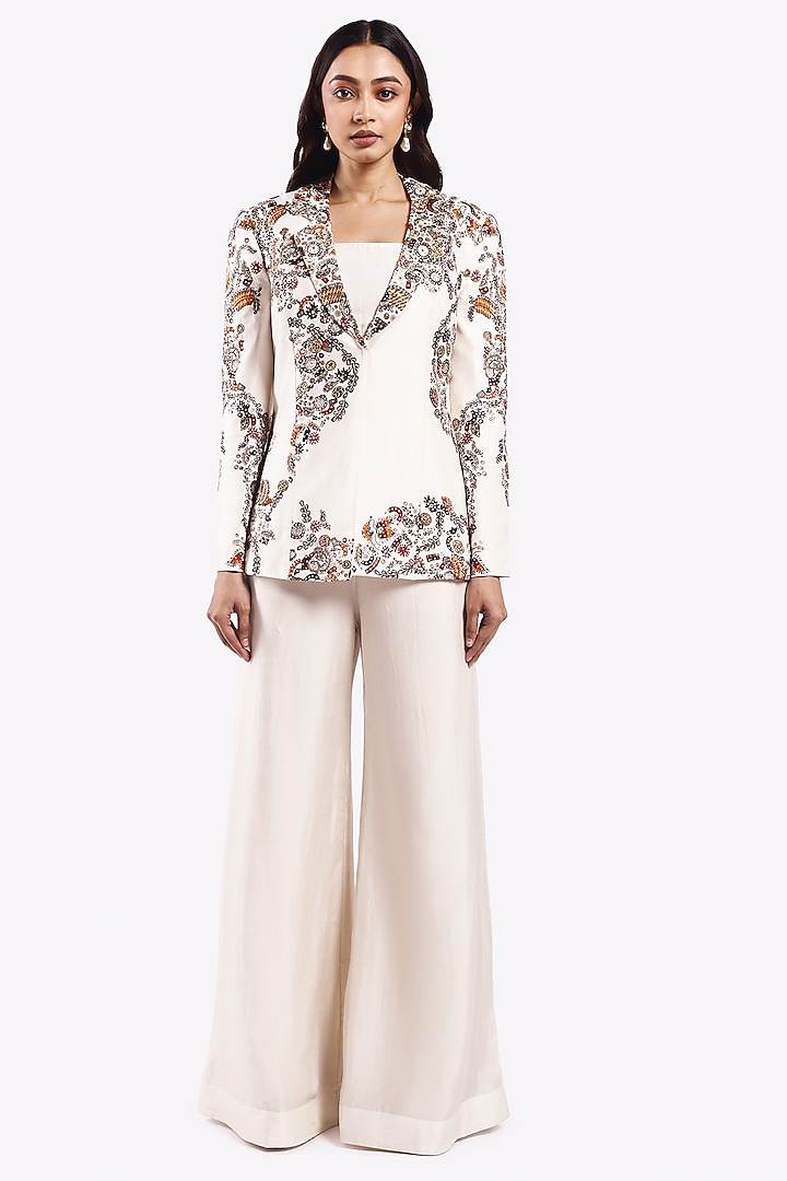 Off-White Silk Sequin & Cutdana Embellished Blazer Set by Onaya at Pernia's Pop Up Shop