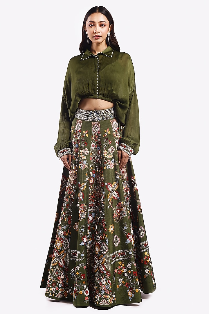 Mehendi Green Satin Pearl & Cutdana Embellished A-Line Skirt Set by Onaya at Pernia's Pop Up Shop