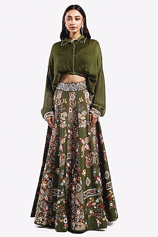 Mehendi Green Satin Pearl & Cutdana Embellished A-Line Skirt Set by Onaya