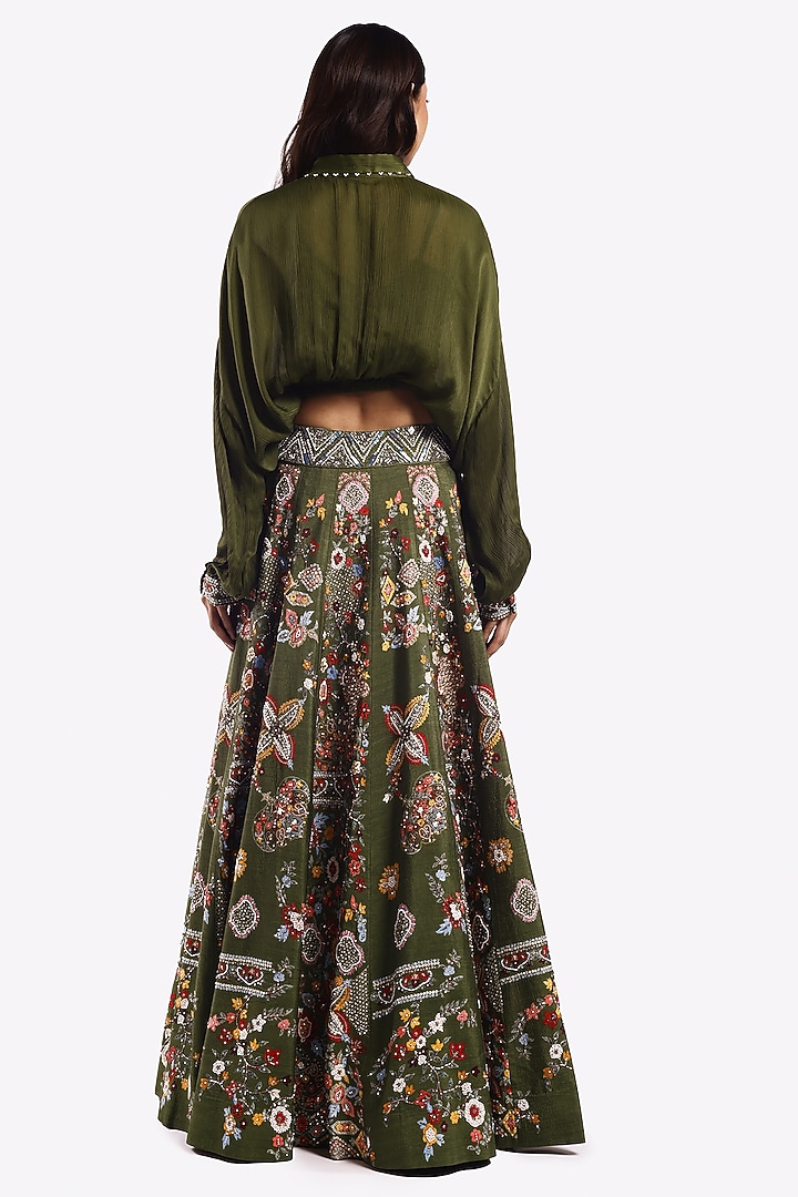 Mehendi Green Satin Pearl & Cutdana Embellished A-Line Skirt Set by Onaya at Pernia's Pop Up Shop