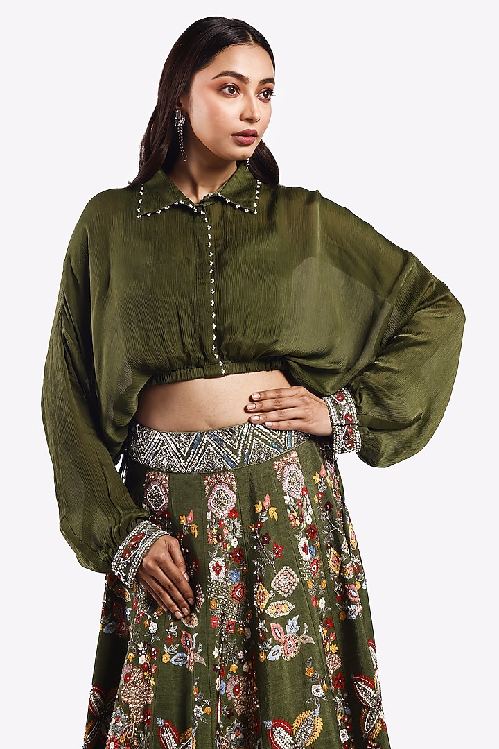Mehendi Green Satin Pearl & Cutdana Embellished A-Line Skirt Set by Onaya at Pernia's Pop Up Shop