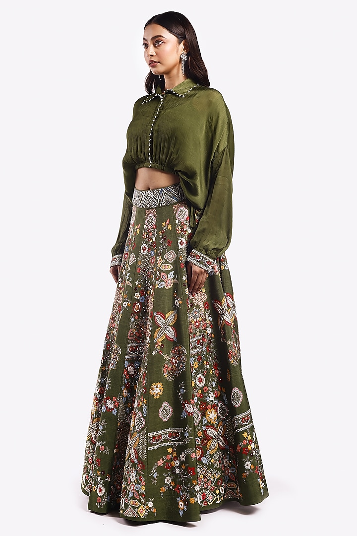 Mehendi Green Satin Pearl & Cutdana Embellished A-Line Skirt Set by Onaya at Pernia's Pop Up Shop