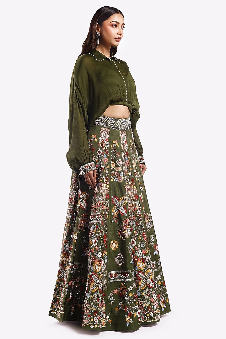 Mehendi Green Satin Pearl & Cutdana Embellished A-Line Skirt Set by Onaya at Pernia's Pop Up Shop