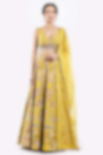 Mustard Organza Floral Motif & Sequin Embroidered Wedding Lehenga Set by Onaya at Pernia's Pop Up Shop