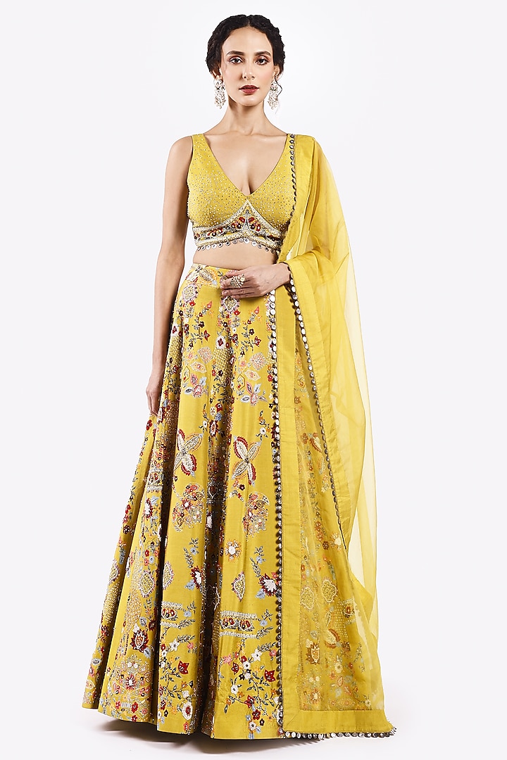 Mustard Organza Floral Motif & Sequin Embroidered Wedding Lehenga Set by Onaya at Pernia's Pop Up Shop