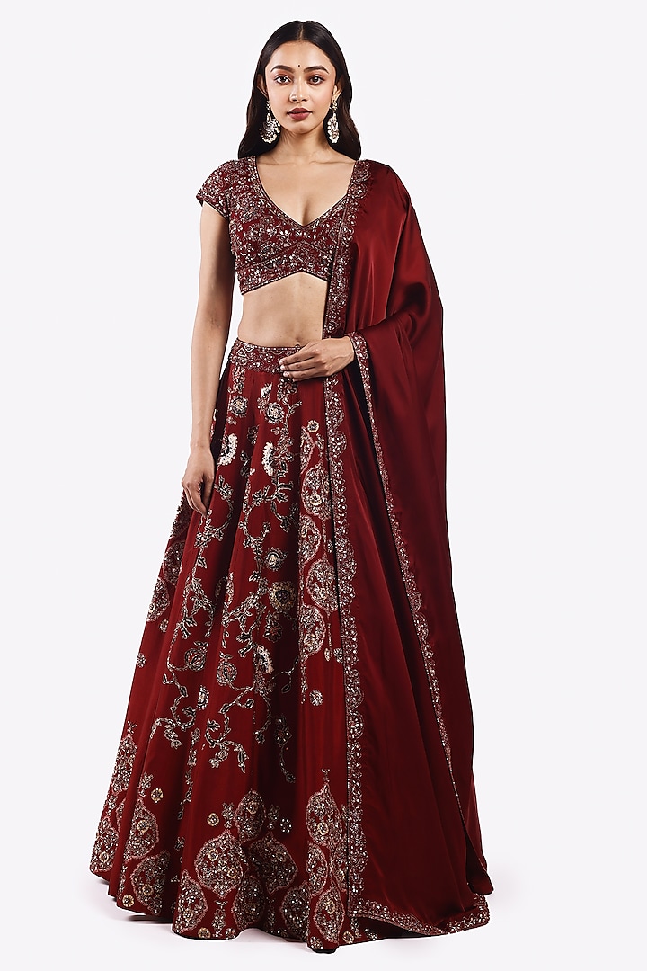 Maroon Crepe Zari & Sequin Embroidered Wedding Lehenga Set by Onaya at Pernia's Pop Up Shop