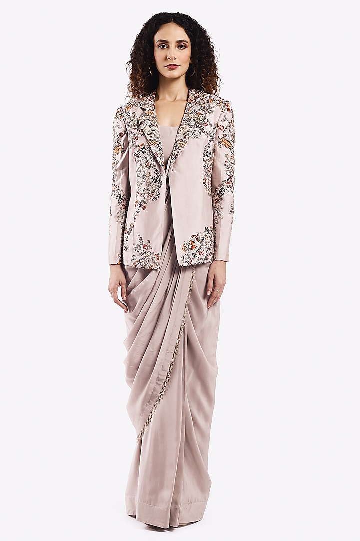 Grey Crepe Sequin Embellished Pre-Stitched Jacket Saree Set by Onaya at Pernia's Pop Up Shop