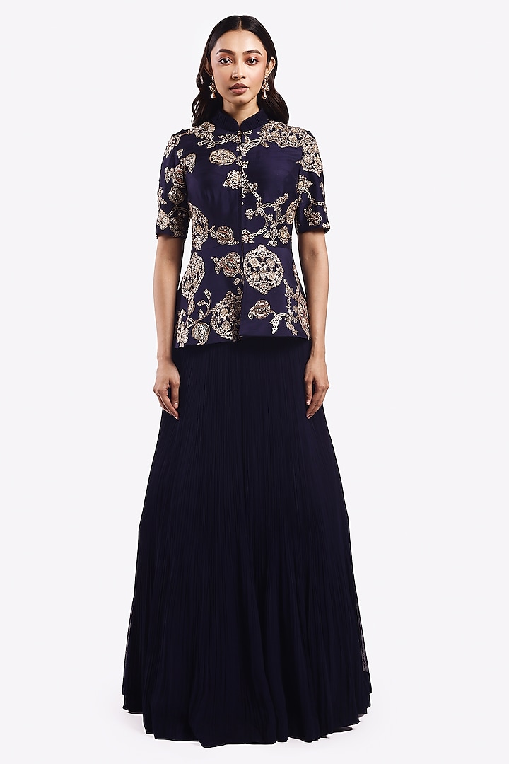 Navy Blue Georgette A-Line Pleated Skirt Set by Onaya at Pernia's Pop Up Shop