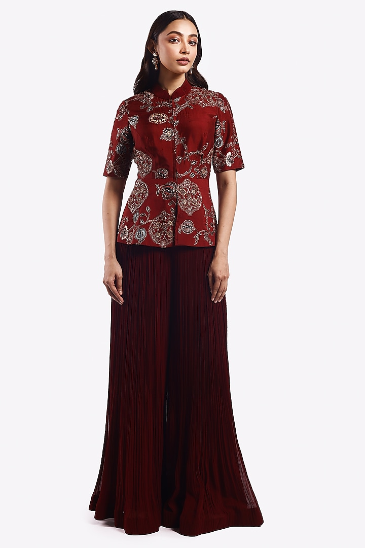 Maroon Silk Pleated Pant Set by Onaya at Pernia's Pop Up Shop