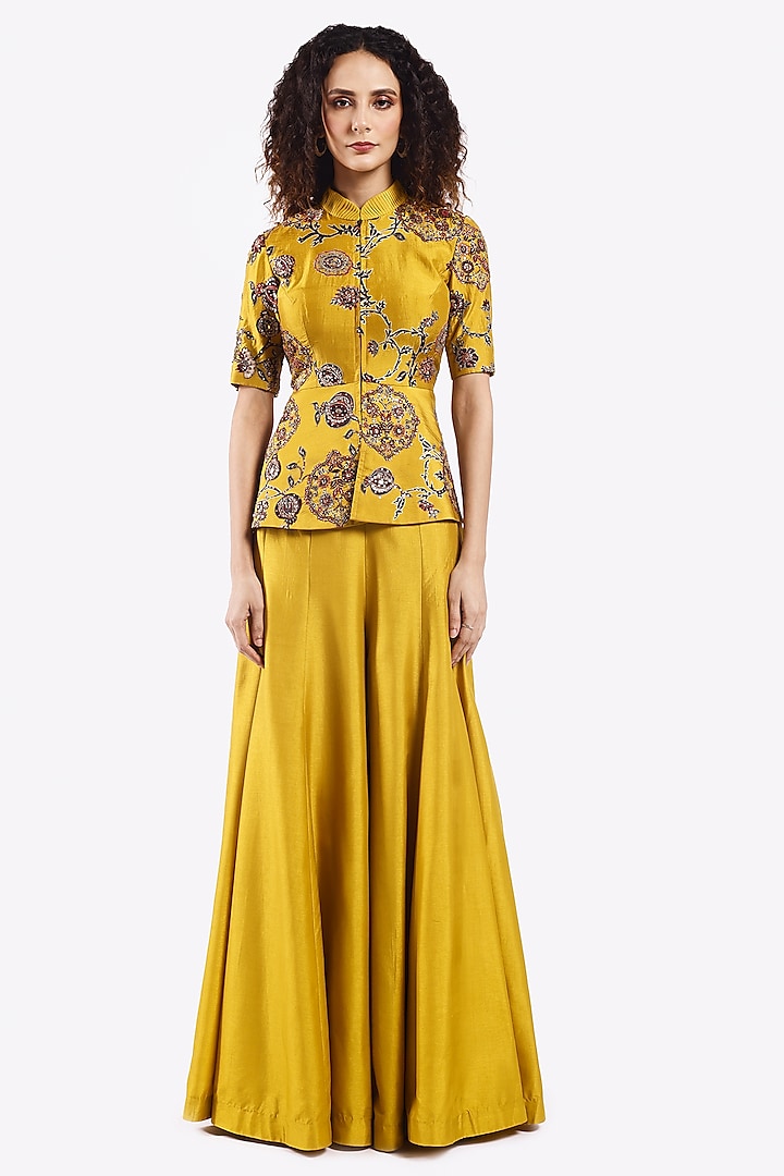 Mustard Silk Pleated Pant Set by Onaya at Pernia's Pop Up Shop