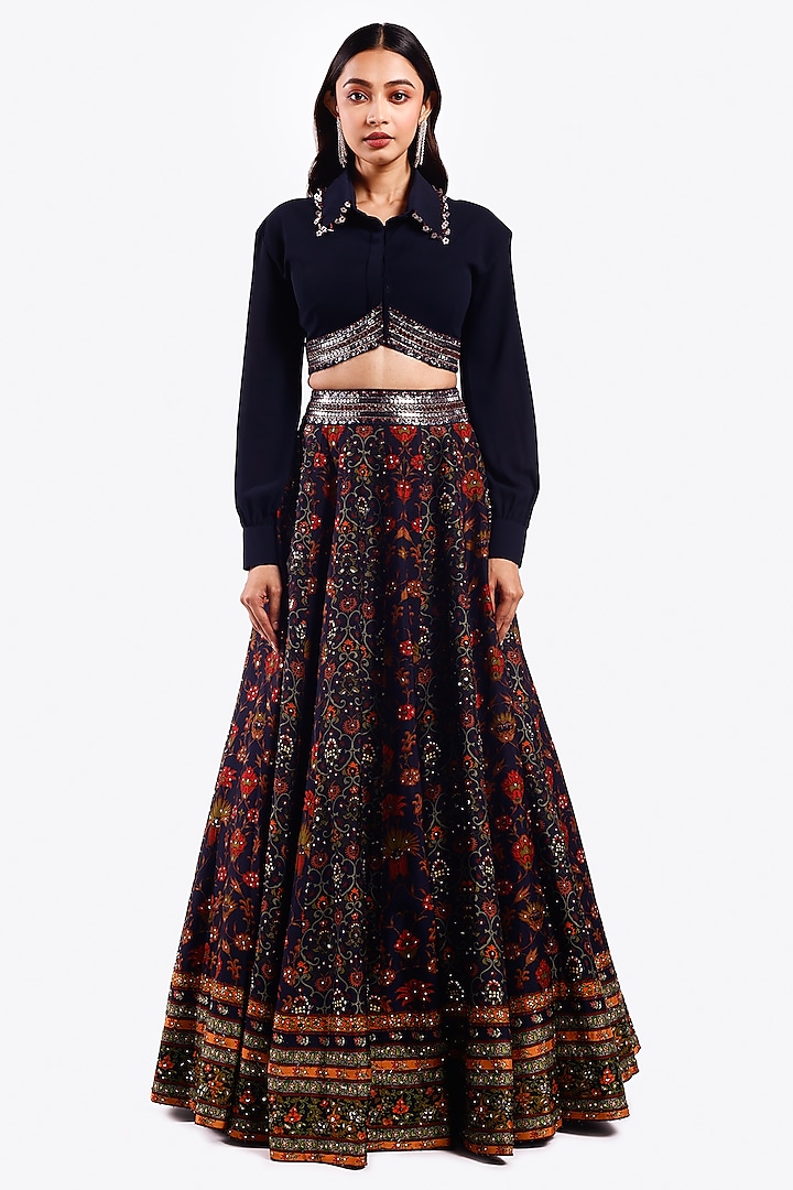 Navy Blue Georgette Floral Motif Embellished A-Line Lehenga Set by Onaya at Pernia's Pop Up Shop