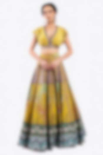 Yellow Crepe Floral & Thread Embroidered A-Line Lehenga Set by Onaya at Pernia's Pop Up Shop